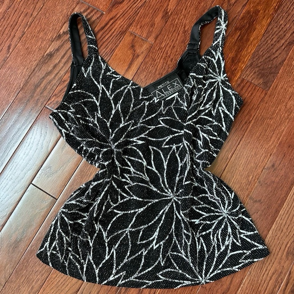 Vintage Alex Evenings Black Silver Metallic Floral Simple Elegant Top